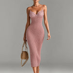 ElevenOra Chic Elegant Camel V-Neck Spaghetti Straps Sleeveless Lace Patch Slim-Fit Detail Ribbed Knit Bodycon Midi Dress