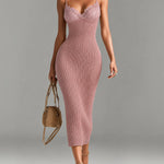 ElevenOra Chic Elegant Camel V-Neck Spaghetti Straps Sleeveless Lace Patch Slim-Fit Detail Ribbed Knit Bodycon Midi Dress