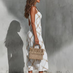 ElevenOra Chic Elegant White-Camel Argyle Pattern Print Spaghetti Straps Square-Neck Sleeveless Elastic-Waist A-Line Maxi Dress