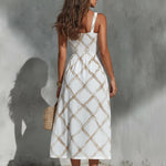 ElevenOra Chic Elegant White-Camel Argyle Pattern Print Spaghetti Straps Square-Neck Sleeveless Elastic-Waist A-Line Maxi Dress