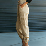 ElevenOra Chic Casual Beige Cotton Blend Drawstring Elastic Waist Multi-Pocket Cuffed Cargo Pants