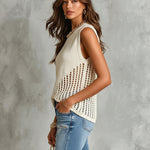ElevenOra Chic Elegant Beige Round-Neck Sleeveless Hollow-Out Detail Loose-Fit Ribbed Knit Vest Top