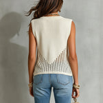 ElevenOra Chic Elegant Beige Round-Neck Sleeveless Hollow-Out Detail Loose-Fit Ribbed Knit Vest Top