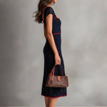 ElevenOra Chic Elegant Navy Blue Square-Neck Short-Sleeve Tailored-Waist Red Trim Detail Ribbed Knit Midi Dress
