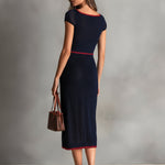 ElevenOra Chic Elegant Navy Blue Square-Neck Short-Sleeve Tailored-Waist Red Trim Detail Ribbed Knit Midi Dress