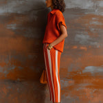 ElevenOra Chic Elegant Orange-White Colorblock Lapel V-Neck Short-Sleeve Loose-Fit Sweater Elastic-Waist Pants Knit Two-Piece Set