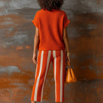 ElevenOra Chic Elegant Orange-White Colorblock Lapel V-Neck Short-Sleeve Loose-Fit Sweater Elastic-Waist Pants Knit Two-Piece Set