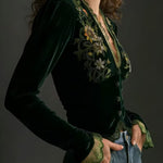 Nora  | Long-Sleeve Velvet Blouse with Embroidered Flowers
