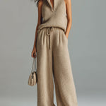 ElevenOra Chic Elegant Camel Stand Collar V-Neck Sleeveless Sweater  Wide-Leg Pants Ribbed Knit Two-Piece Set