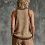ElevenOra Chic Casual Camel Colorblock Chenille Embroidery Round-Neck Sleeveless Loose-Fit Knit Tank Top