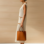 ElevenOraChic Elegant Beige Colorblock Lapel Collar V-Neck Patch Pocket Sleeveless Loose-Fit Ribbed Knit Maxi Dress