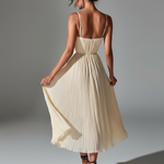 ElevenOra Chic Elegant Off-White Spaghetti Straps Sweetheart-Neck Sleeveless Slim-Fit A-Line Side-Slit Pleated Chiffon Midi Dress