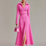 ElevenOra Chic Elegant Hot Pink Lapel Collar Long Sleeve Sweater A-Line Slit Maxi Skirt Knit Two-Piece Set