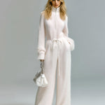 ElevenOra Chic Vintage Ivory Zipper-Up Stand Collar Belted Long Sleeve Loose-Fit Wide-Leg Fuzzy Knit Jumpsuit