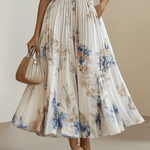 Leanna | White Floral Chiffon V-Neck Pleated Midi Dress