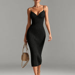 ElevenOra Chic Elegant Camel V-Neck Spaghetti Straps Sleeveless Lace Patch Slim-Fit Detail Ribbed Knit Bodycon Midi Dress