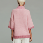 ElevenOra Stylish Casual Pink Stand-collar Zippered Short-sleeved Loose Knit Sweater Top
