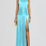 Kasey | Trendy Metallic Plissé Halter Gown