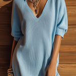 ElevenOra Chic Casual Light Blue Stand Collar Deep V-Neck Short-Sleeve Loose-Fit Knit Mini Dress