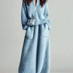 ElevenOra Chic Elegant Blue Stand Collar V Neck Long Sleeve Loose Sweater Patch Pocket Maxi Skirt Fuzzy Knit Two-Piece Set