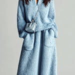 ElevenOra Chic Elegant Blue Stand Collar V Neck Long Sleeve Loose Sweater Patch Pocket Maxi Skirt Fuzzy Knit Two-Piece Set