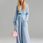 ElevenOra Chic Elegant Baby Blue Deep V-Neck Long Sleeve Patch Pocket Oversized Fuzzy Knit Wide-Leg Jumpsuit