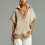 ElevenOra Fashion Casual Beige Stand-Collar Colorblock Loose Sleeveless Knit Vest