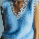 ElevenOra Chic Vintage Blue V-Neck Lace Trim Details Sleeveless Loose-Fit Fuzzy Knit Tank Top