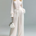 ElevenOra Chic Vintage Ivory Zipper-Up Stand Collar Belted Long Sleeve Loose-Fit Wide-Leg Fuzzy Knit Jumpsuit