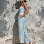 ElevenOra Chic Elegant Light Blue Gingham Check Cotton Blend Spaghetti Straps Square Neck Sleeveless Tailored-Waist Loose-Fit Wide-Leg Cropped Jumpsuit
