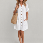 Linon | Short Sleeve Front Pockets Knee Length Dress