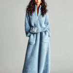 ElevenOra Chic Elegant Blue Stand Collar V Neck Long Sleeve Loose Sweater Patch Pocket Maxi Skirt Fuzzy Knit Two-Piece Set