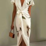 Judy | White Leaf Short Sleeve Satin Midi Dress
