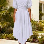 ZEBY™ - Elegant Women's Belted Bishop Sleeve Boat Neck A-Line Dress