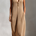 ElevenOra Chic Elegant Camel V-Neck Button-Front Sleeveless Loose-Fit Ribbed Knit Maxi Dress