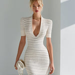 ElevenOra Chic Elegant Beige Black Stripe Deep V-Neck Short Sleeve Slim-Fit Waffle Knit Bodycon Mini Dress