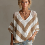 ElevenOra Chic Casual White-Beige Stripes V-neck Short-sleeved Loose-Fit Knit Sweater