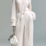 ElevenOra Chic Vintage Ivory Zipper-Up Stand Collar Belted Long Sleeve Loose-Fit Wide-Leg Fuzzy Knit Jumpsuit