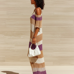 ElevenOra Chic Casual Colorful Striped Off-Shoulder V-Neck Short-Sleeve Loose Side Slit Ribbed Knit Maxi Dress