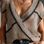 ElevenOra Chic Elegant Light Brown Deep V-Neck Sleeveless Contrast Stripe Detail Loose-Fit Knit Vest Top