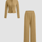 FLORLIE™ - Women’s Ribbed Crop Top & Elastic Waist Pants Casual Set