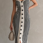 ElevenOra Chic Elegant Cream White-Black Stripes Square Neck Sleeveless Button-Front Slim-Fit Knit Midi Dress