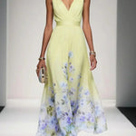 Alina | Light Blue Floral Chiffon V-Neck Maxi Dress