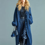 ElevenOra Casual Chic Navy Blue Single-breasted Oversized Longline Fuzzy Knit Cardigan