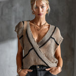 ElevenOra Chic Elegant Light Brown Deep V-Neck Sleeveless Contrast Stripe Detail Loose-Fit Knit Vest Top