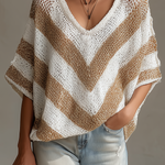 ElevenOra Chic Casual White-Beige Stripes V-neck Short-sleeved Loose-Fit Knit Sweater