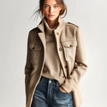 ElevenOra Vintage Casual Khaki Wool Blend Stand Collar Epaulet Multi-Pocket Short Coat