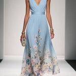 Alina | Light Blue Floral Chiffon V-Neck Maxi Dress