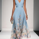 Rose | Light Blue Floral Chiffon V-Neck Maxi Dress