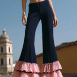 ElevenOra Chic Elegant Dark Blue High Waist Ruffles Ribbed Knit Wide-Leg Pants